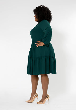 Vestido feminino Leota de manga comprida em jersey boho verde-oliva com camadas (curvo) verde
