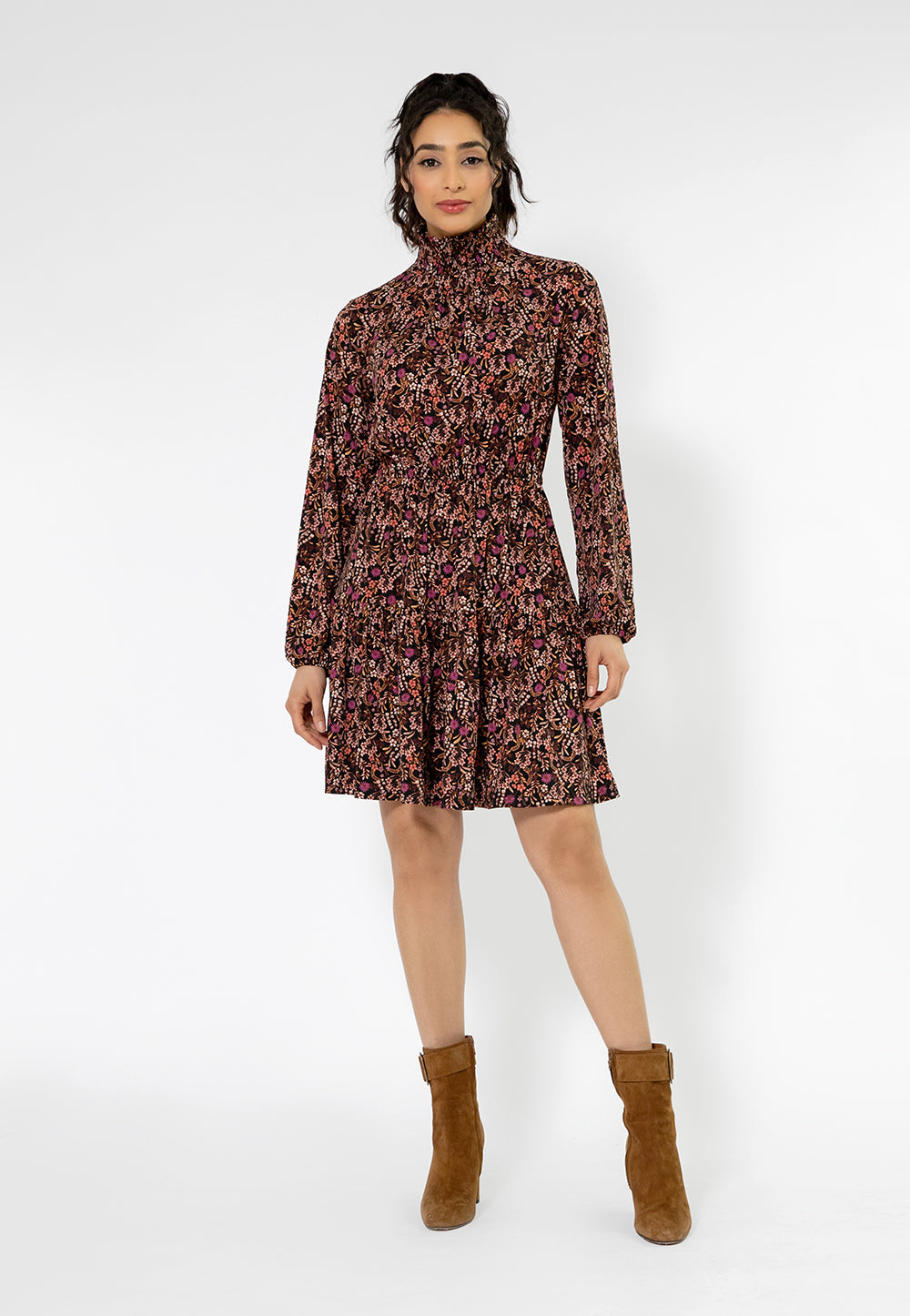 Vestido feminino Leota manga comprida boho jersey verde oliva com camadas vermelho