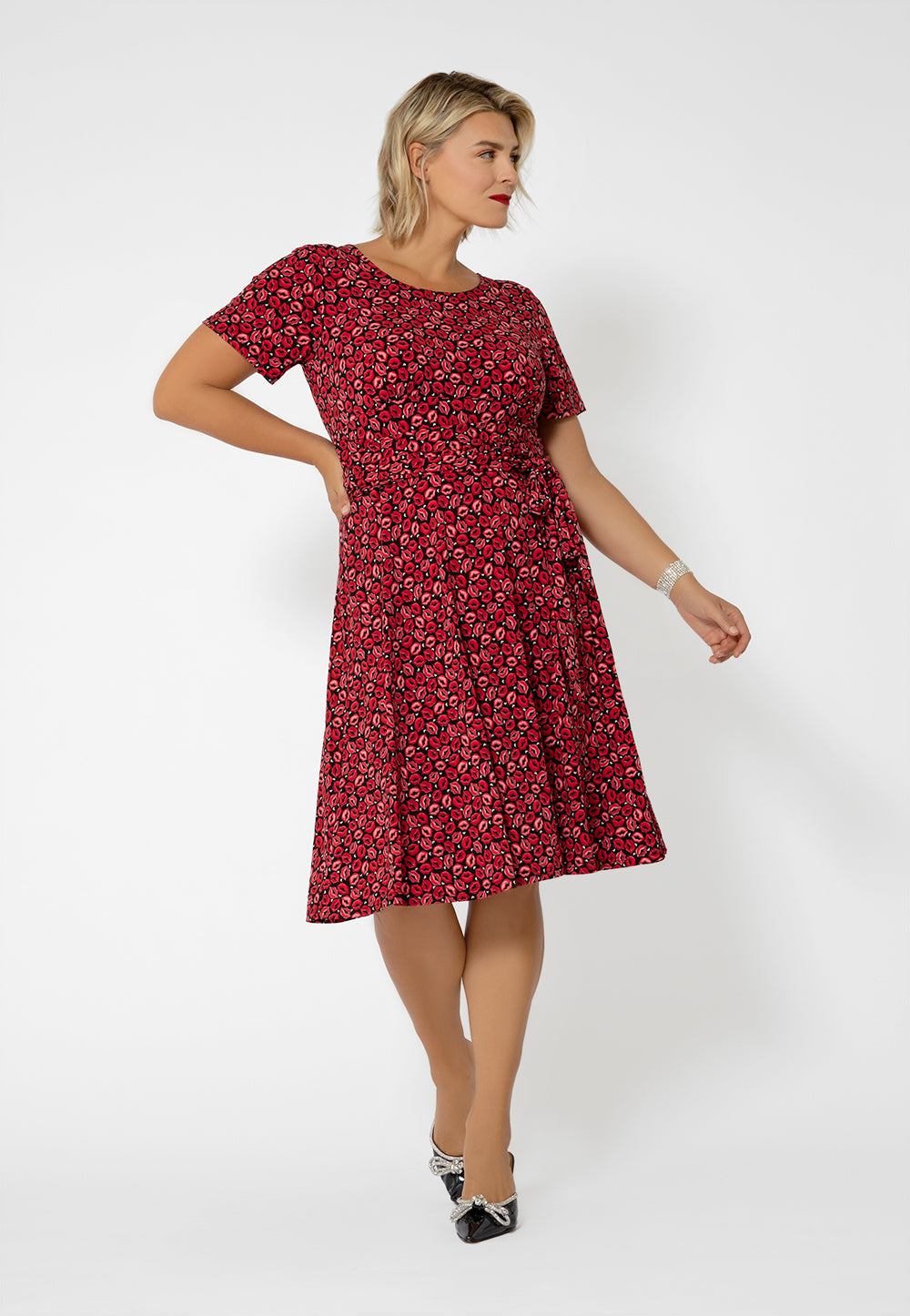 Vestido midi de malha com estampa Brittany e ajuste evasê Leota feminino, roxo