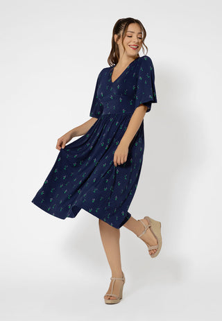 Vestido midi de malha Zoe de manga curta feminino Leota, azul, tamanho pequeno
