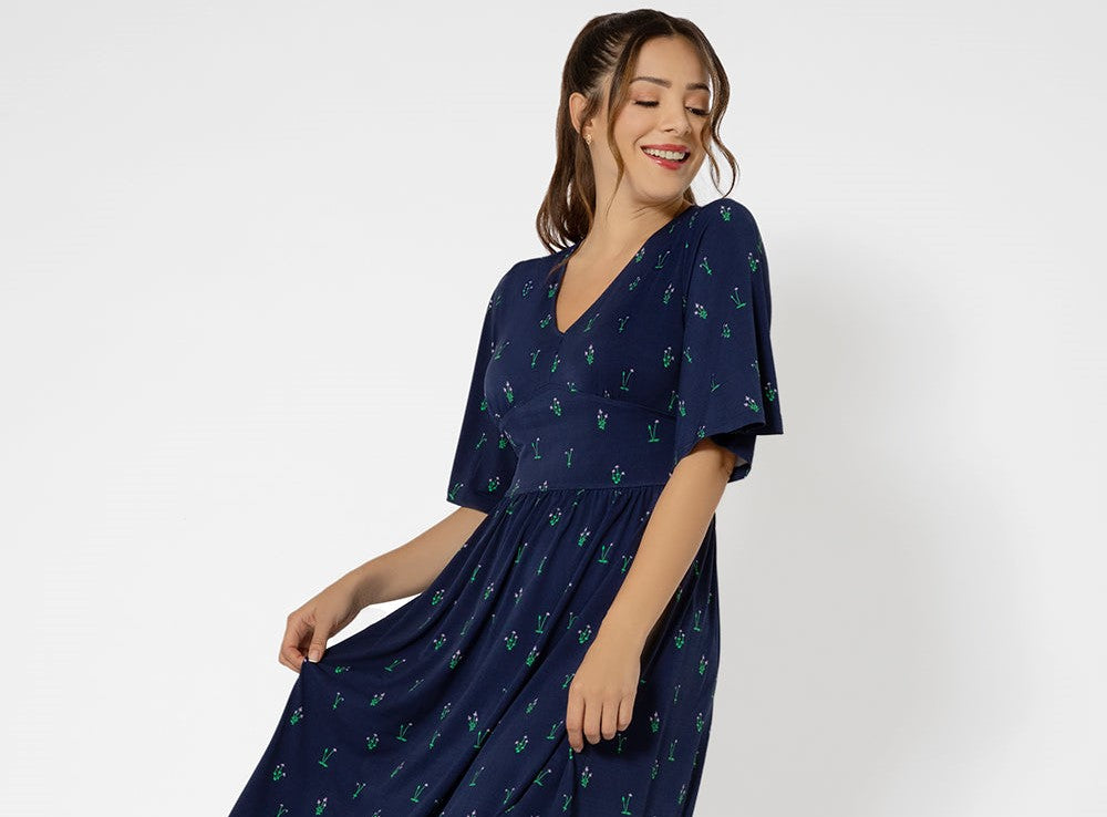 Vestido midi de malha Zoe de manga curta feminino Leota, azul, tamanho pequeno