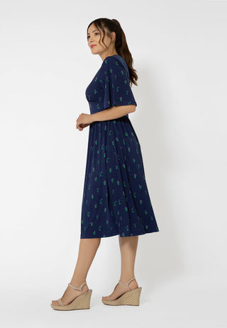 Vestido midi de malha Zoe de manga curta feminino Leota, azul, tamanho pequeno