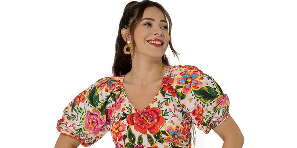 Leota Top Elsa Manga Bufante Feminino Multi Vermelho Tamanho P