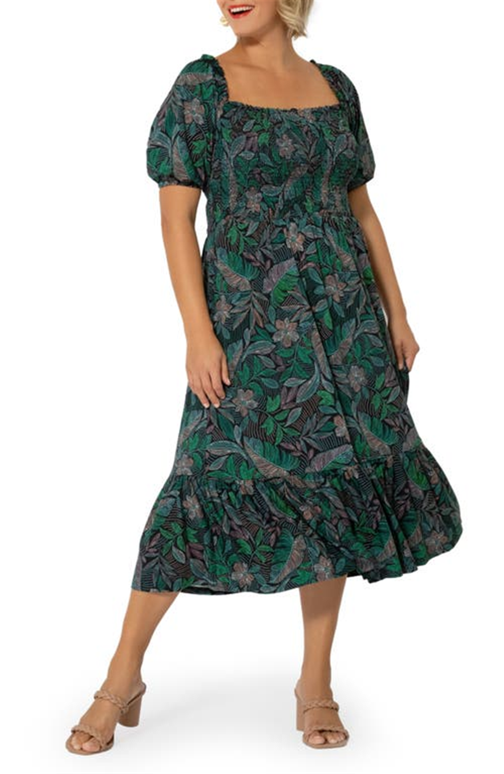 Vestido feminino Leota Kelly com babados e bainha verde, tamanho 1X