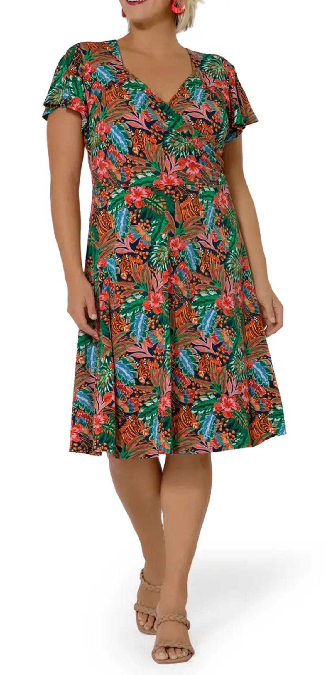 Vestido feminino Leota com mangas esvoaçantes e decote em coração, multicolorido