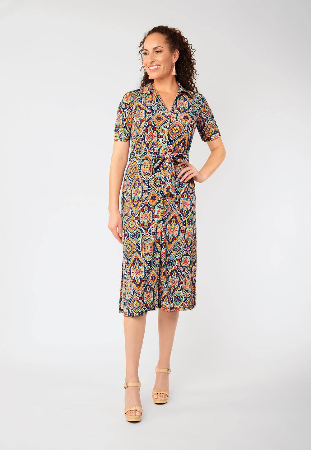 Vestido de camisa com botões e cinto Leota feminino Jade, multi azul, tamanho pequeno