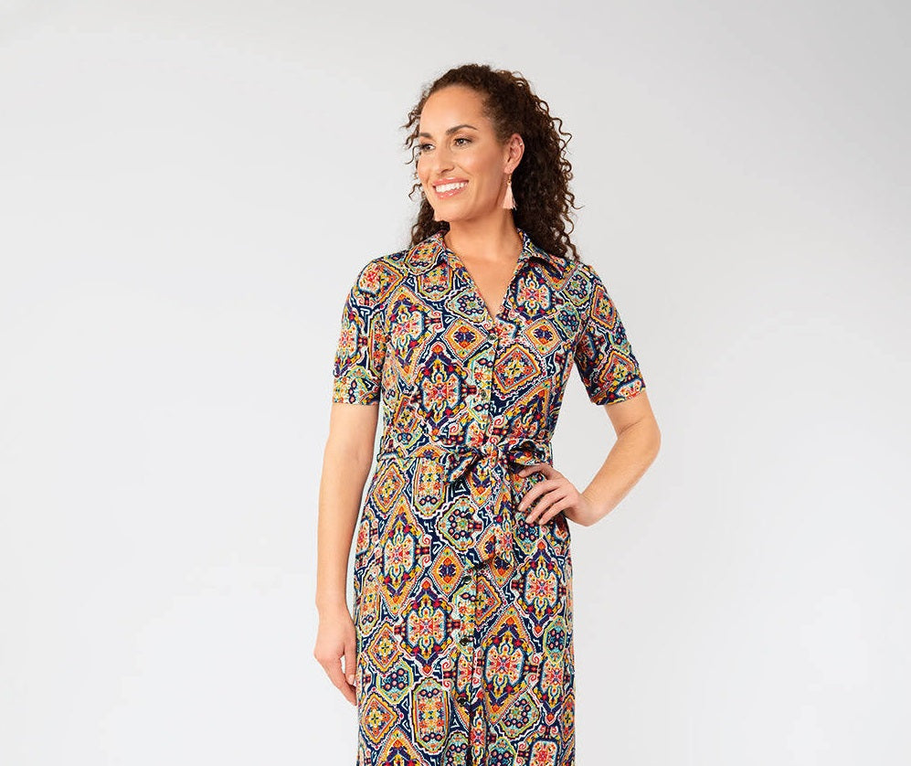 Vestido de camisa com botões e cinto Leota feminino Jade, multi azul, tamanho pequeno