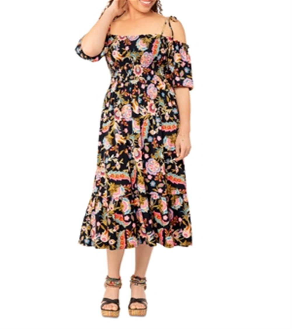 Vestido midi estampado Leota Kelly Lips, preto, tamanho pequeno
