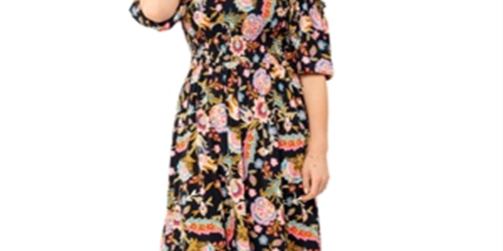 Vestido midi estampado Leota Kelly Lips, preto, tamanho pequeno