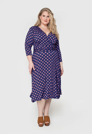 Vestido midi feminino Leota Amiya com manga 3/4, azul, tamanho 1X