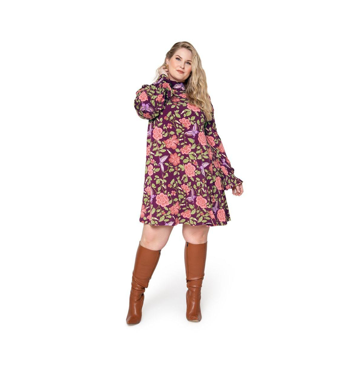 Vestido fluido com mangas bufantes e babados Leota Feminino (Curve)