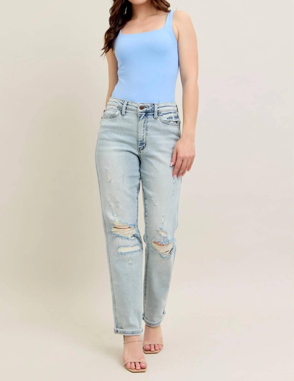 Trendsi - Judy Blue Full Size Mr Repair Stitch Detail Destroy Single Cuff Bf Jeans Plus Size