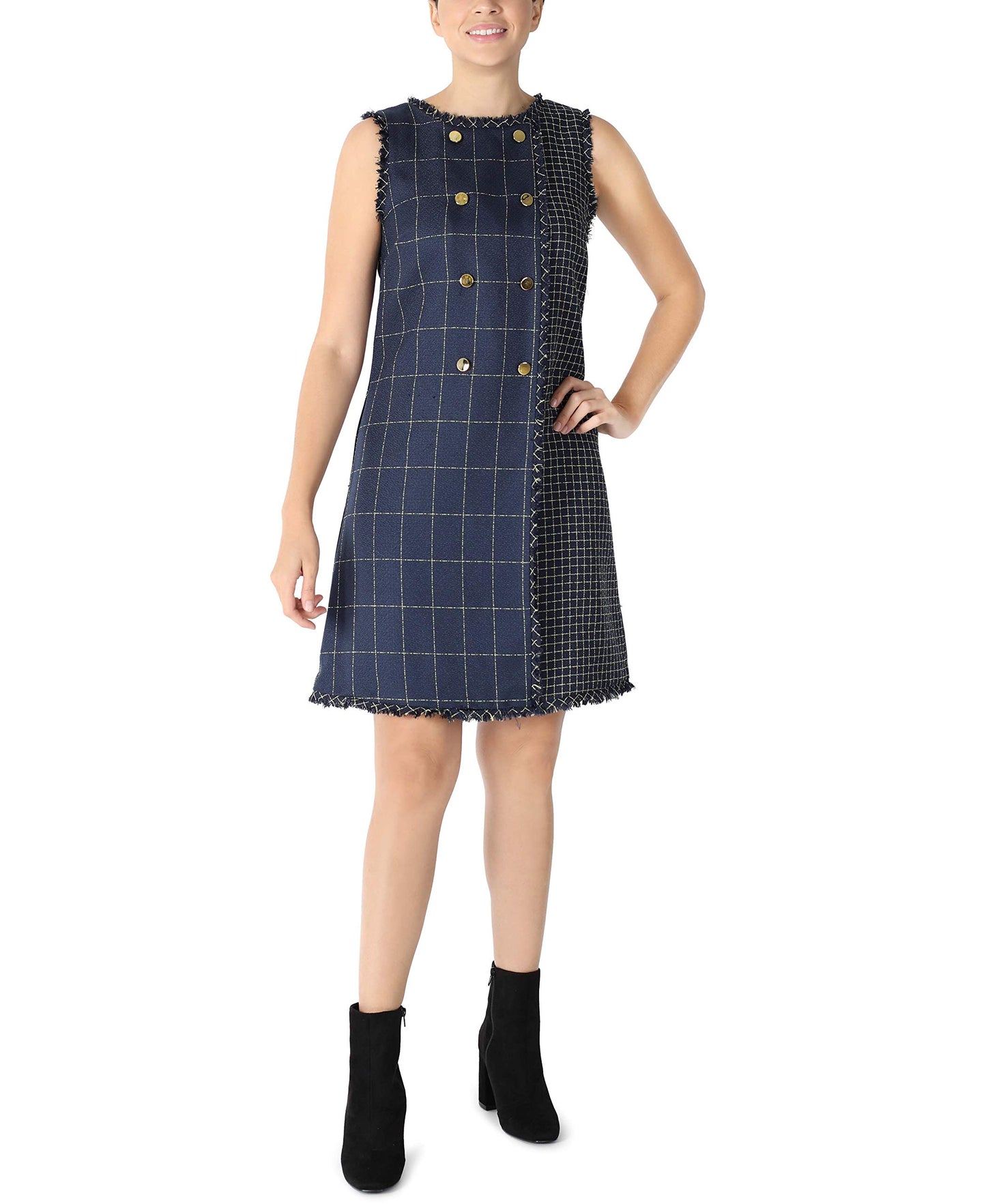 Julia Jordan Women's Yarn Dyed Tweed Double Breasted A Line Dress with Contrast Print, Navy/Gold, 8