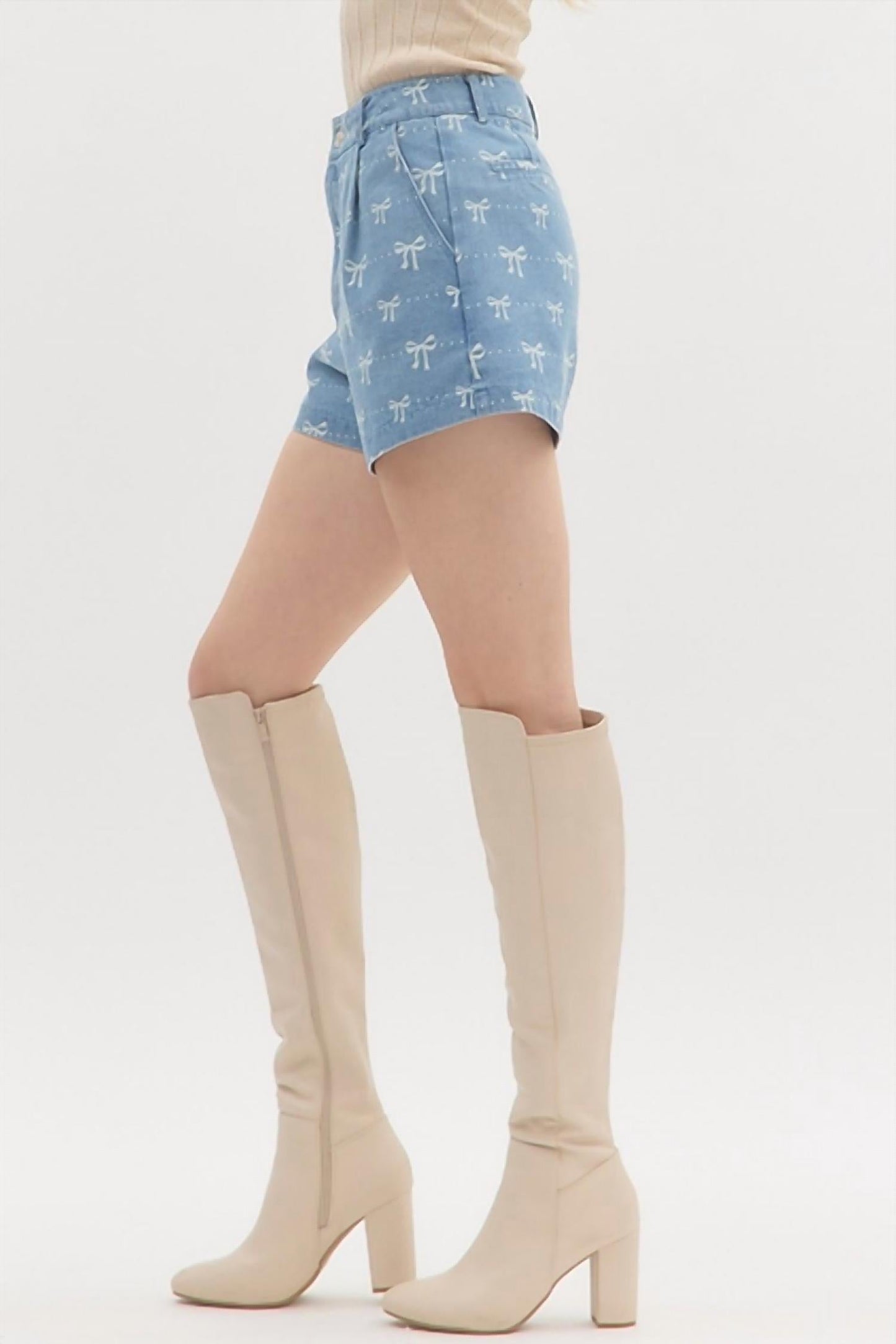 Entro - Bow Denim High Waist Shorts
