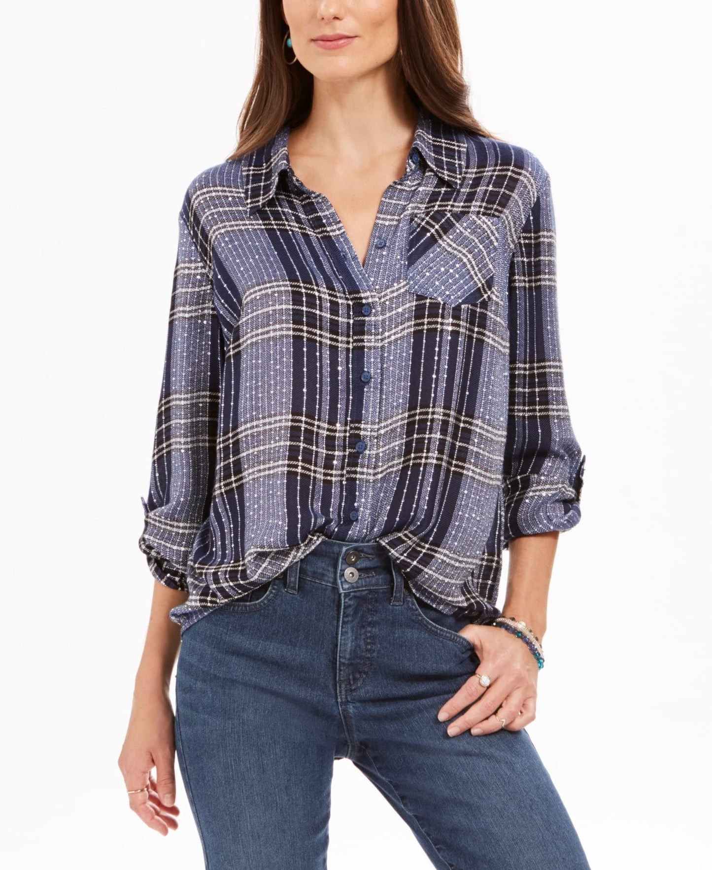Camisa xadrez feminina com lantejoulas Style &amp; Co, azul brilhante, tamanho pequeno G