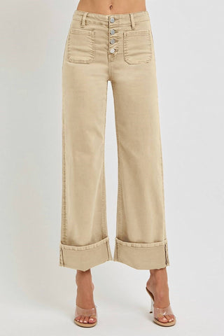 Risen - Calça Jeans Latte de Cintura Alta com Punho