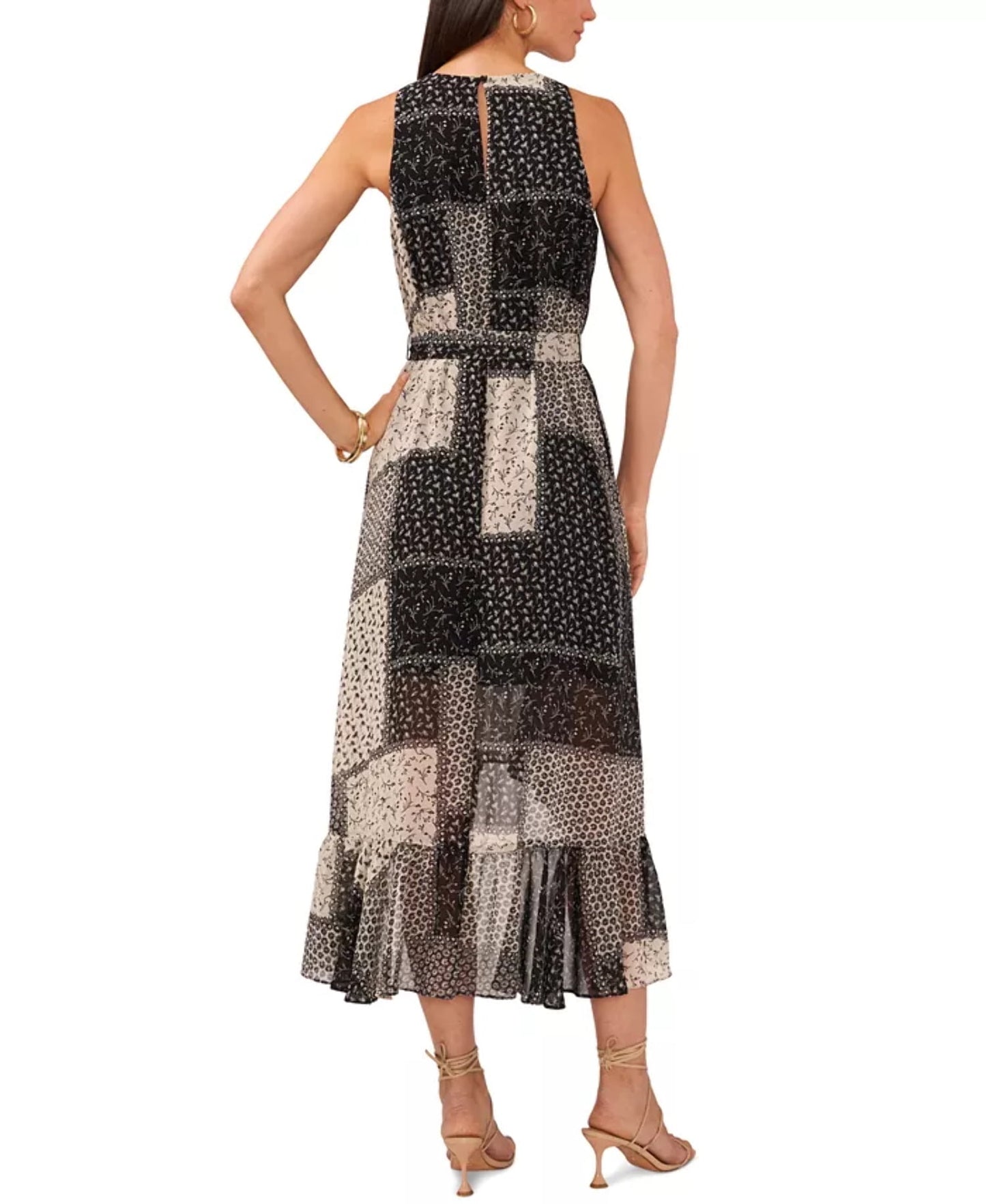 1.state Vestido feminino sem mangas estampado com cinto alto-baixo preto