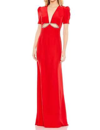 Ieena For Mac Duggal - Vestido com decote profundo e mangas bufantes recortadas