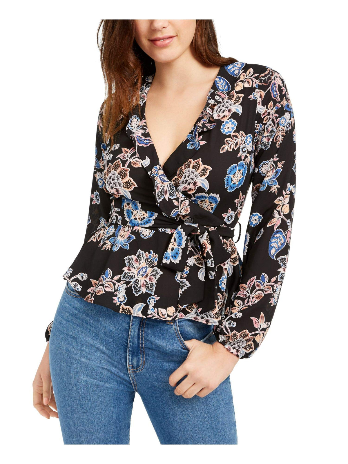 Q & A Womens Floral Print Ruffled Wrap Top Black S
