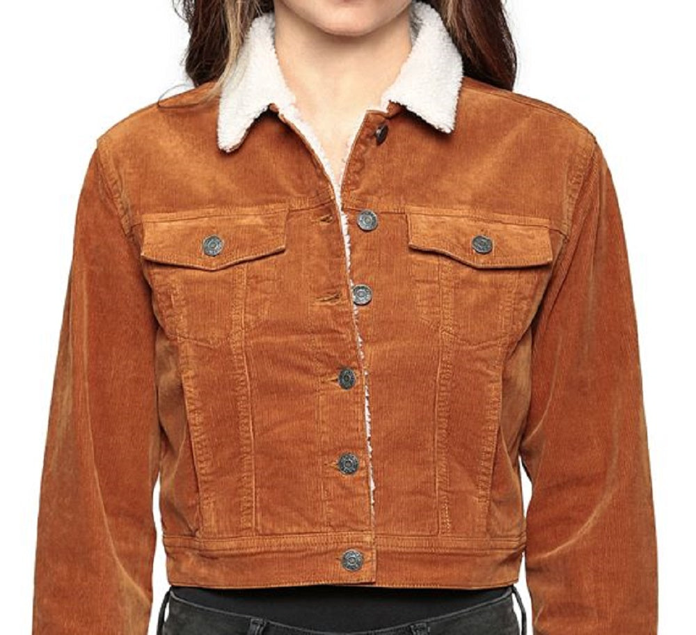 Jaqueta feminina Hidden Jeans de veludo cotelê com forro de sherpa, marrom, tamanho pequeno