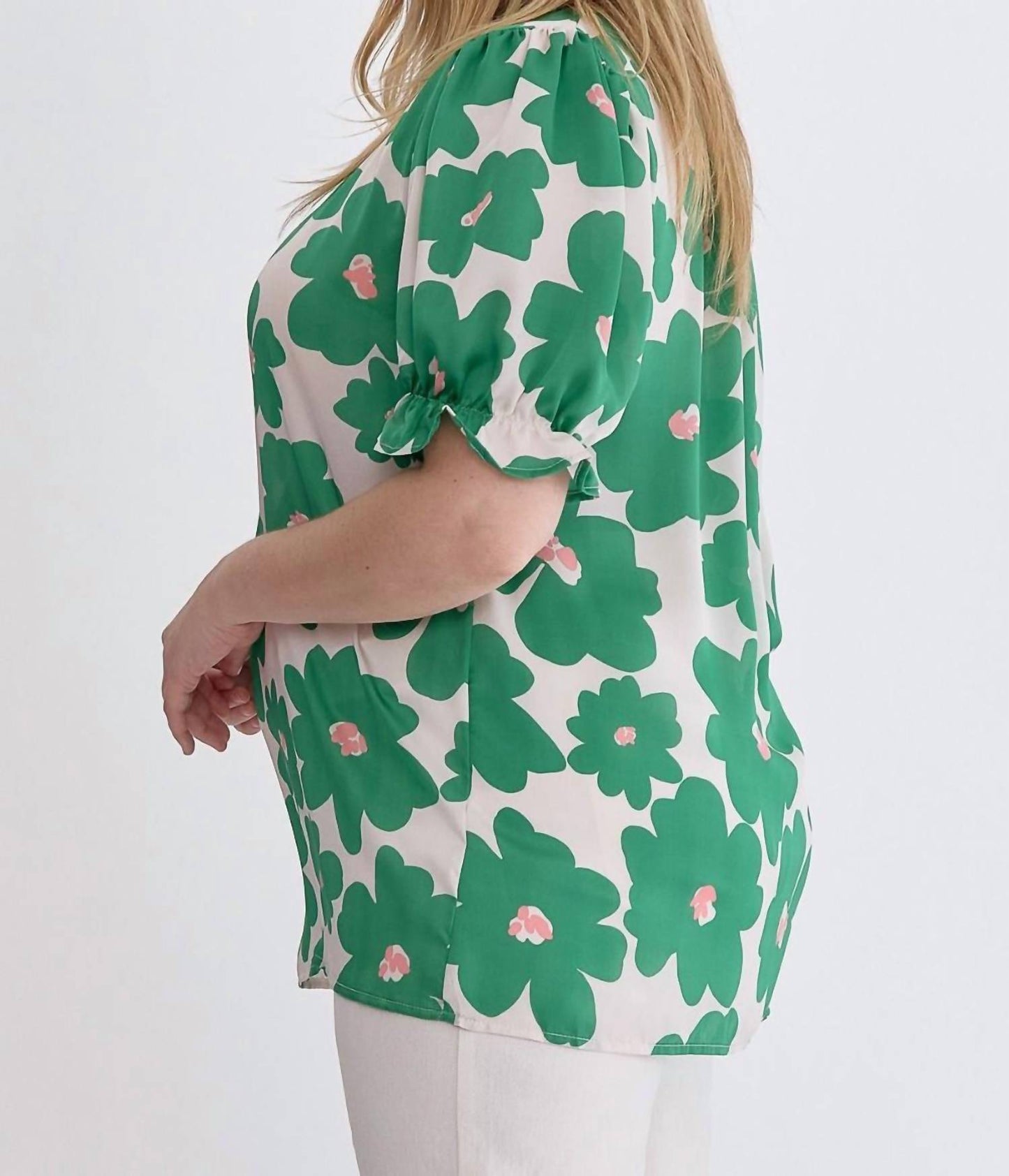 Entro - Poppy Floral Mock Neck Puff Sleeve Top