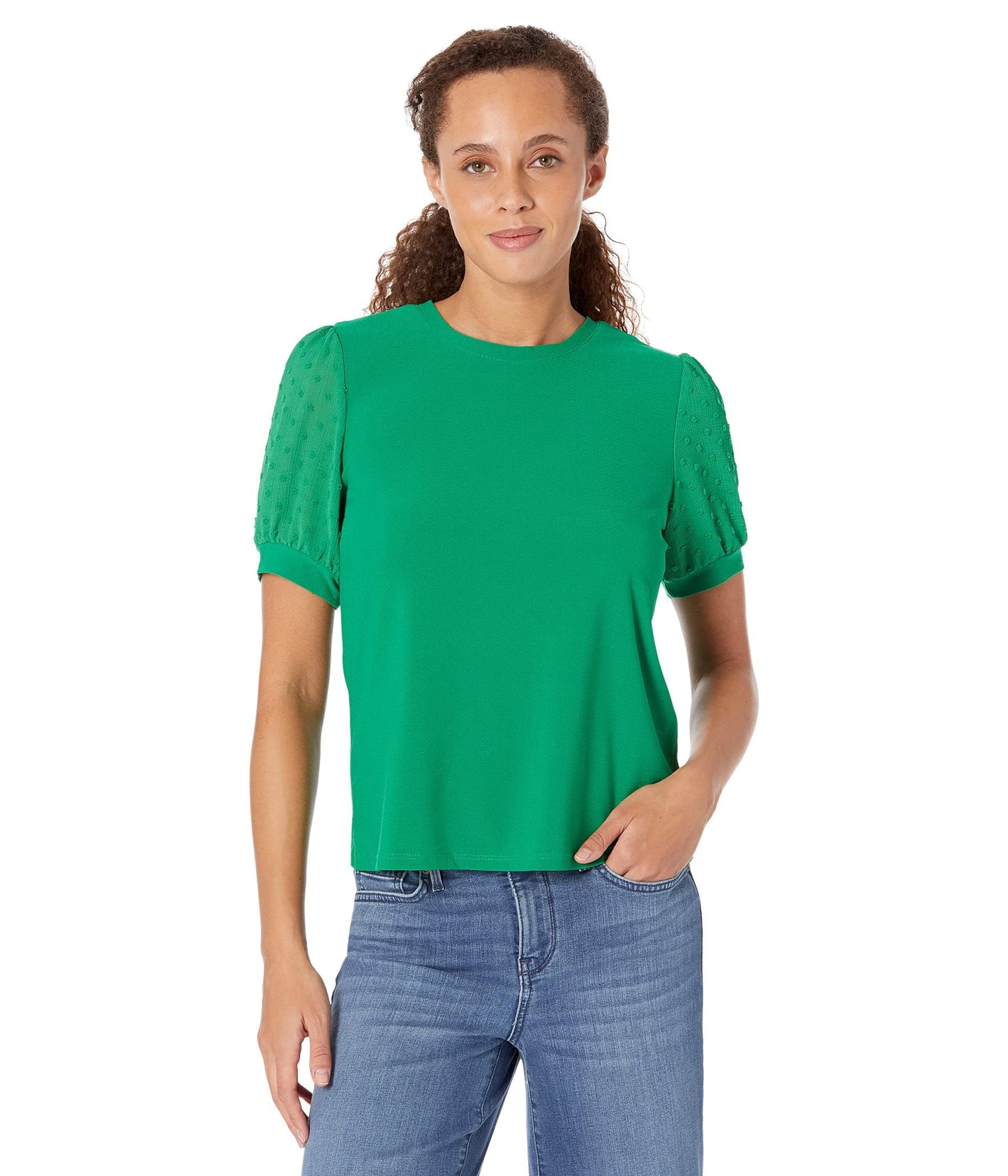 CeCe Puff Sleeve Mix Media Knit Top Lush Green XL