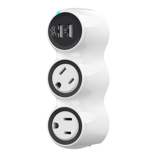 360 Electrical PowerCurve Mini 2nd Generation Rotating Dual Outlet Surge Protector with 2 USB Ports White
