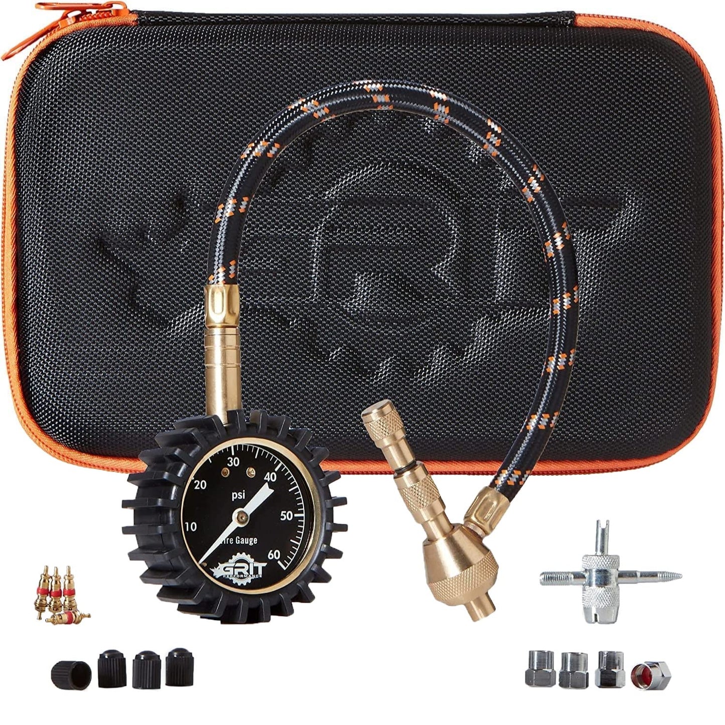 Manômetro de pressão de pneus (0-60 PSI) para serviços pesados, com estojo de espuma personalizado, tampas cromadas e ferramenta de reparo de núcleo de válvula, manômetro de pressão de ar rápido, desinfladores de pneus, acessórios off-road, pneus 4x4 