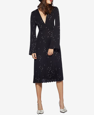 Vestido plissado com costas abertas e estampado Avec Les Filles para mulheres, preto, tamanho 6