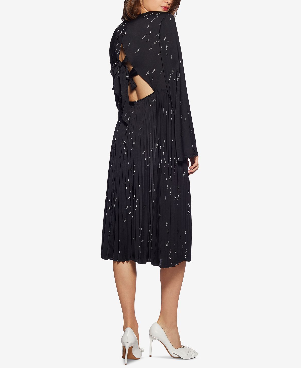 Vestido plissado com costas abertas e estampado Avec Les Filles para mulheres, preto, tamanho 6