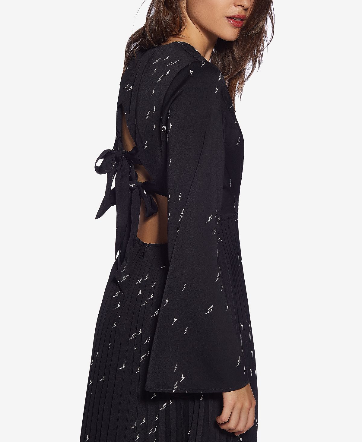 Vestido plissado com costas abertas e estampado Avec Les Filles para mulheres, preto, tamanho 6