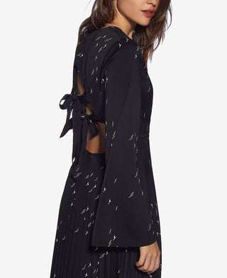 Vestido plissado com costas abertas e estampado Avec Les Filles para mulheres, preto, tamanho 6