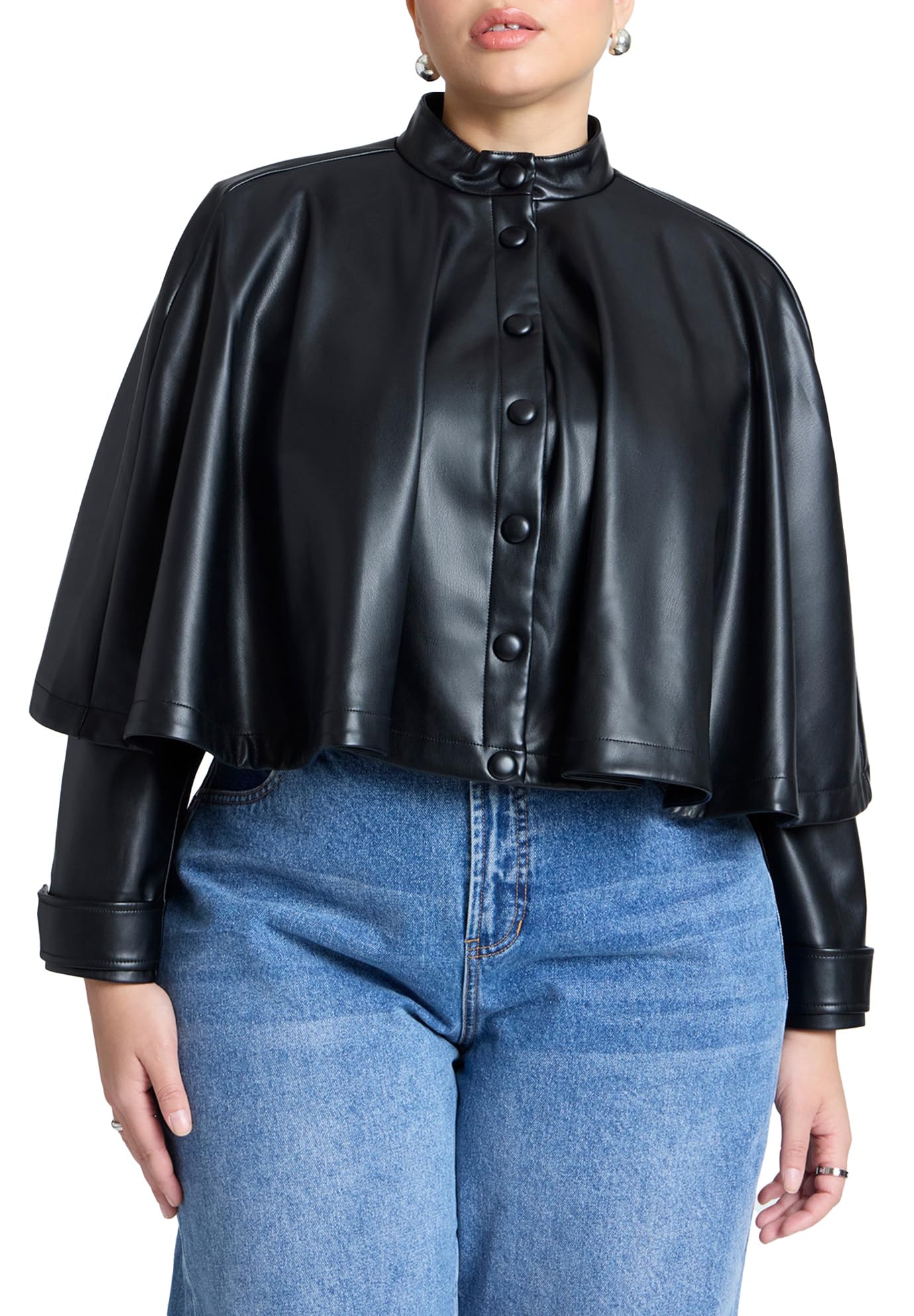 ELOQUII Women's Plus Size Faux Leather Cape Jacket - 16, Black Onyx