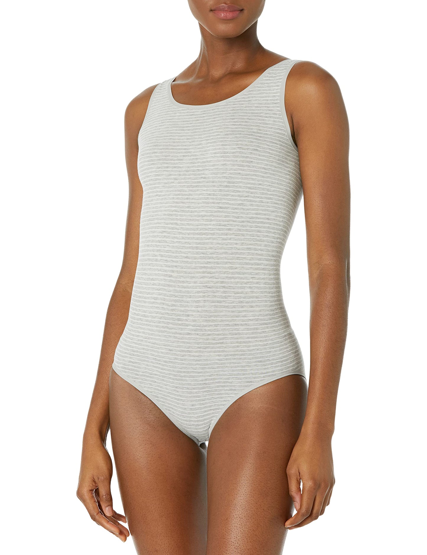 Yummie Women's Ruby Cotton Seamless Shaping Full Back Bodysuit, Grey & White Stripe, Small/Medium
