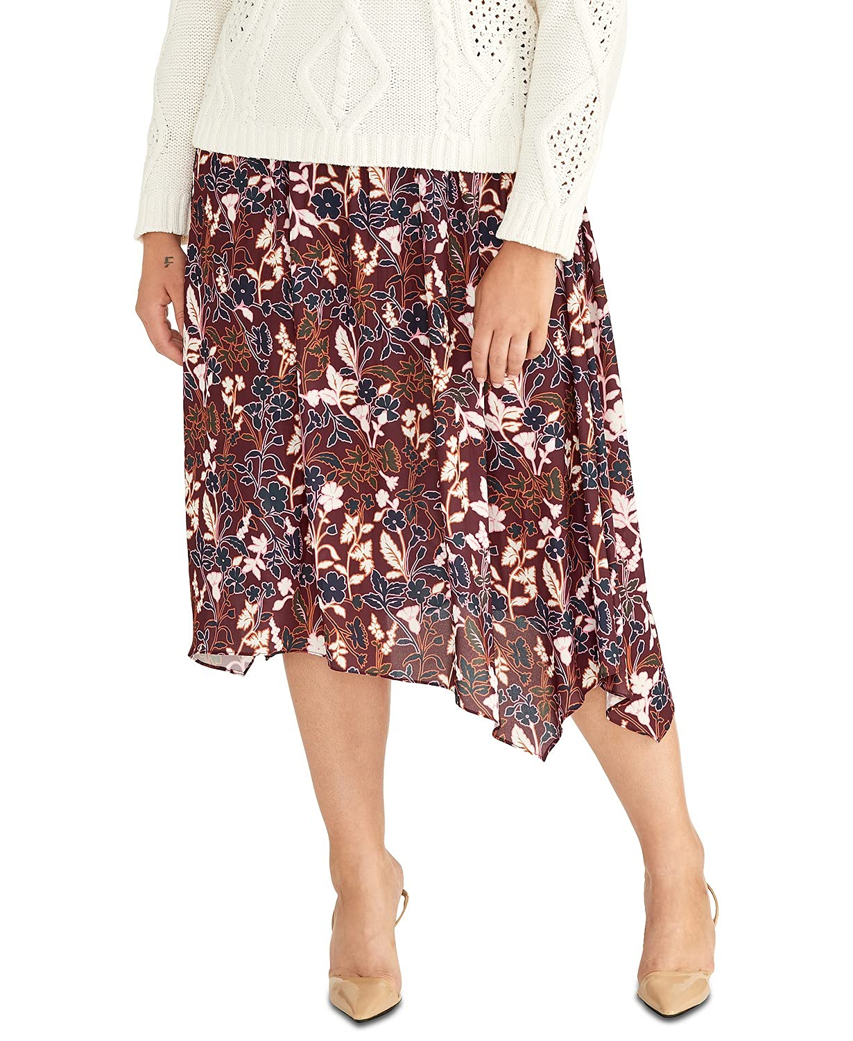 RACHEL Rachel Roy Womens Burgundy Floral Midi A-Line Skirt Plus 1X