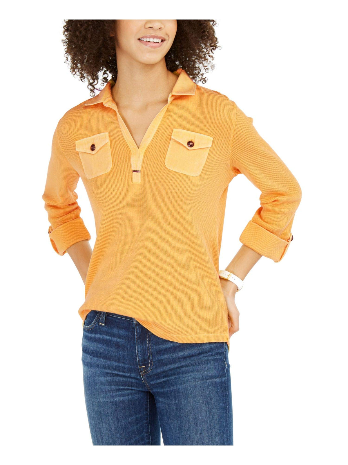 Tommy Hilfiger Womens Cotton Waffle-Knit Blouse Yellow XS