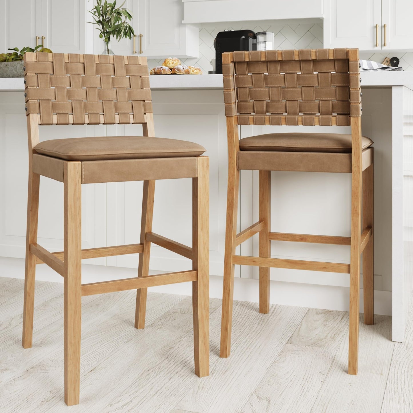 Nathan James Cohen MidCentury Modern 29 in Wood Bar Stool Upholstered Faux Leather Bar Height Stool with Solid Wood Frame Natural Brown Set of 2