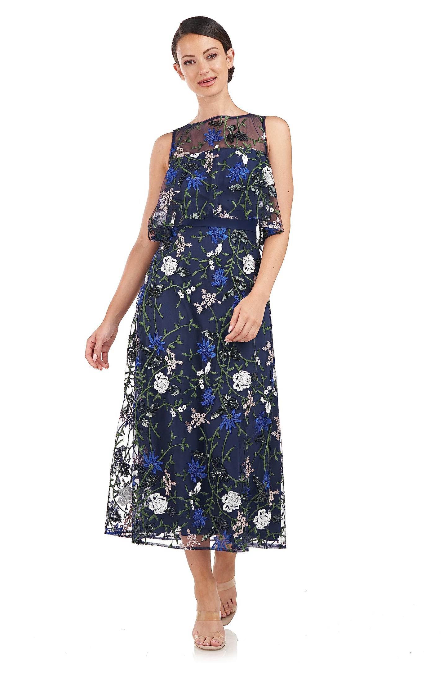 JS Collections Women's Amira Popover Tea Length Dress, Navy Multi