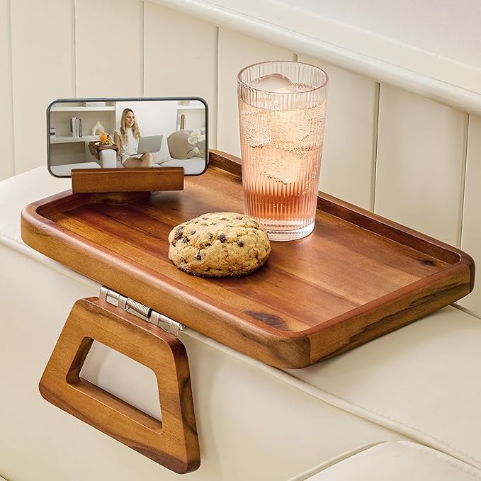 Tinamo Acacia Wood Sofa Armrest Tray with Phone Holder  Large Sofa Arm Tray Table Clip  Couch Arm Table for Wide Couches  Wooden Side Tables for Small Spaces for Eating and Drink138 x 95 x 1