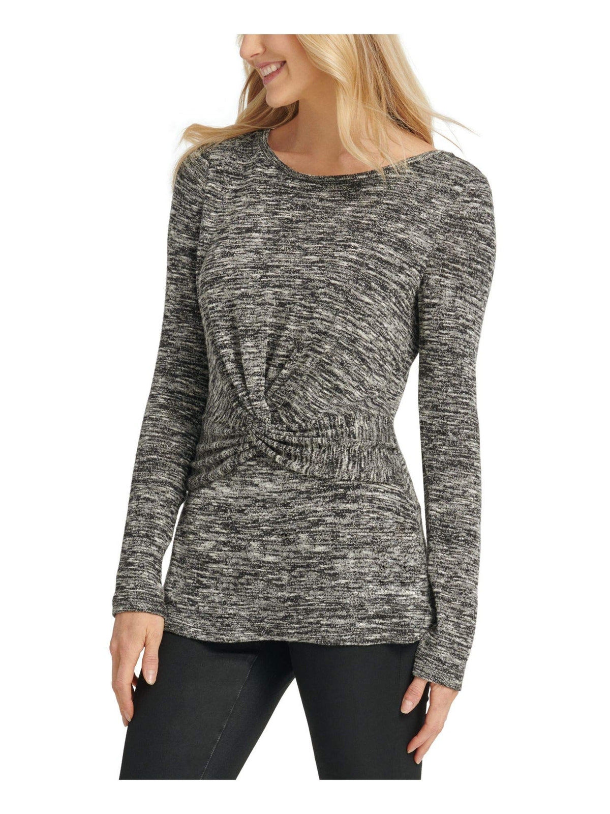 DKNY Womens Marled Twist Front Long-Sleeve Top Heathered Medium