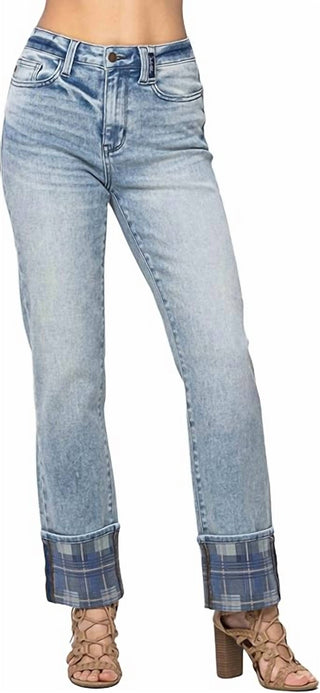 Judy Blue - Calça Jeans Vintage Reta Xadrez de Cintura Alta e Punhos