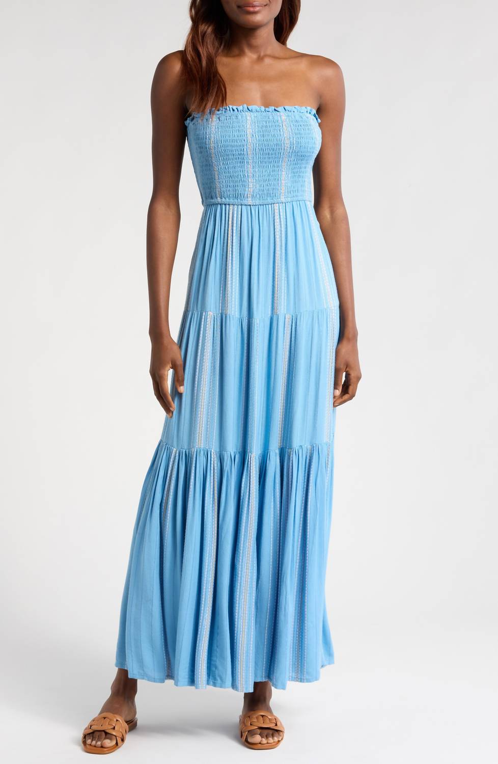 Elan - Embroidered Stripe Tiered Dress