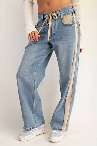 Ee:Some - Mineral Washed Drawstring Side Stripe Jeans