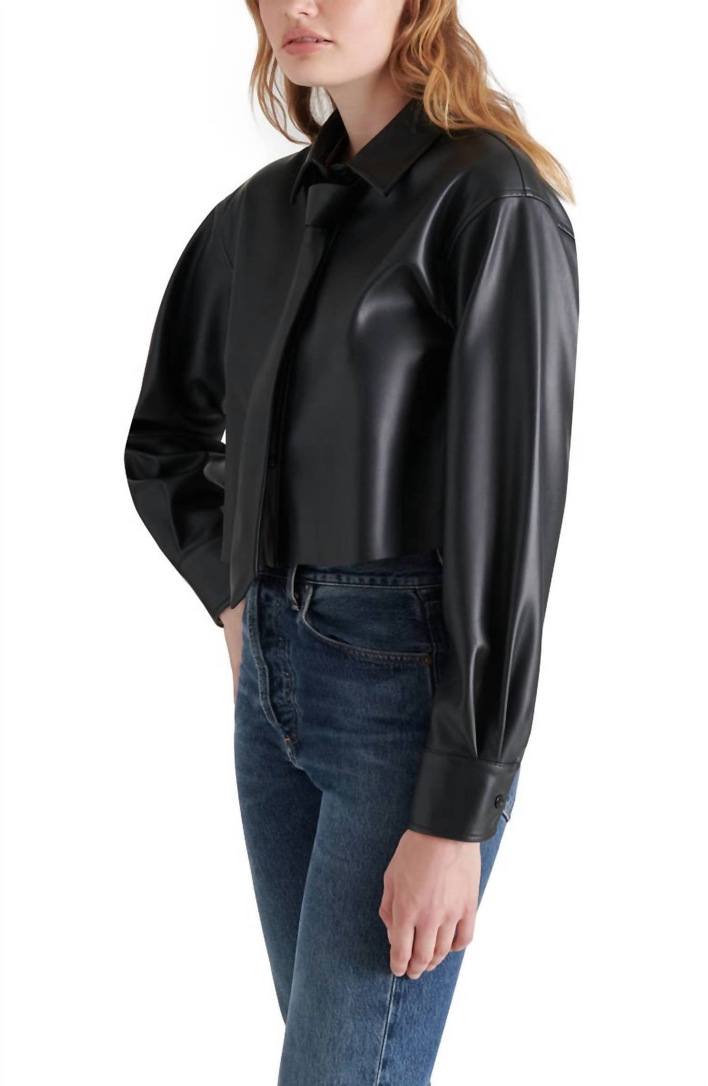 Steve Madden - Dom Necktie Faux Leather Crop Snap-up Shirt