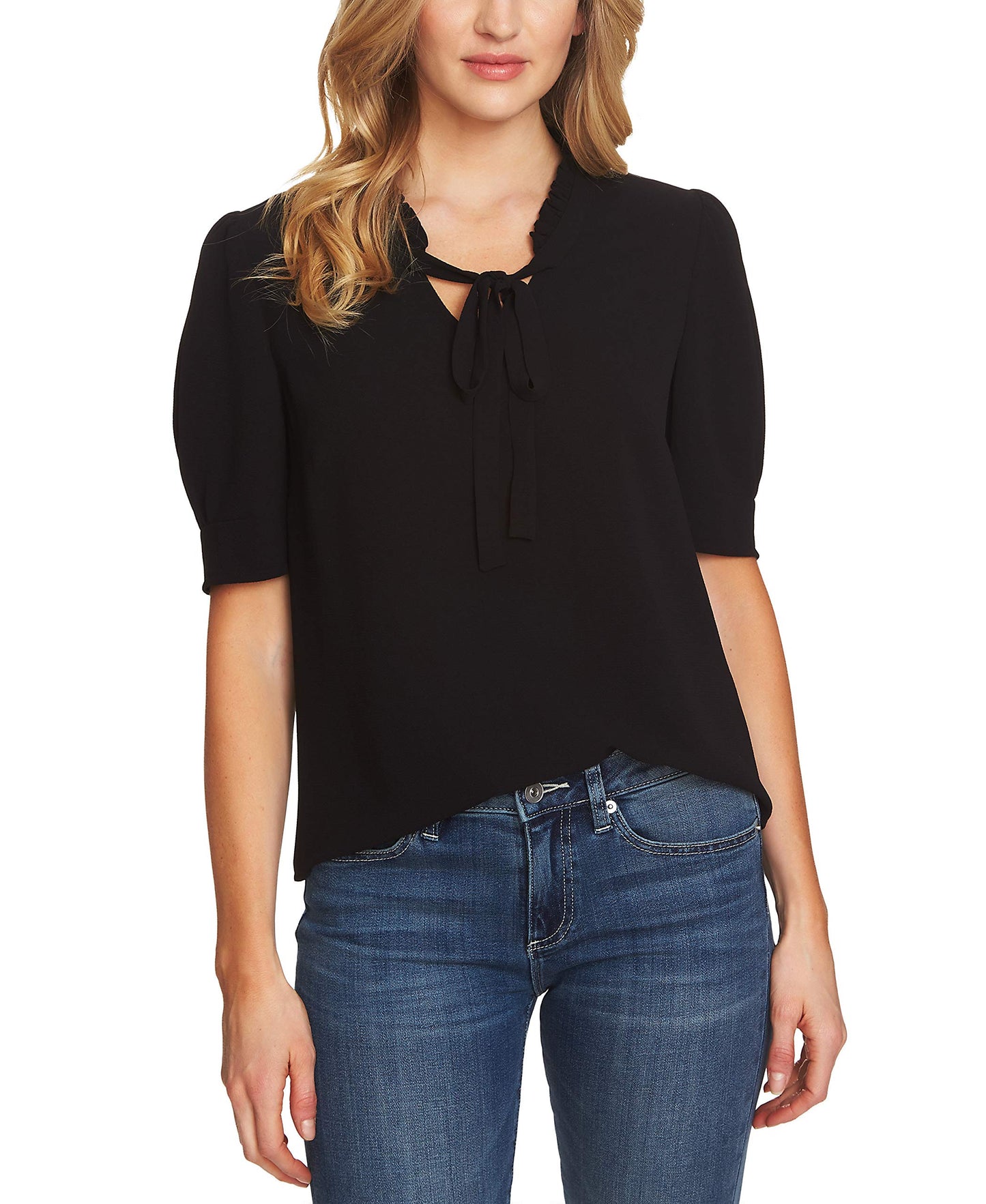 CeCe Sportswear Women's Short Sleeve V-Neck Ruffled TOP with Bow, Rich Black, S
