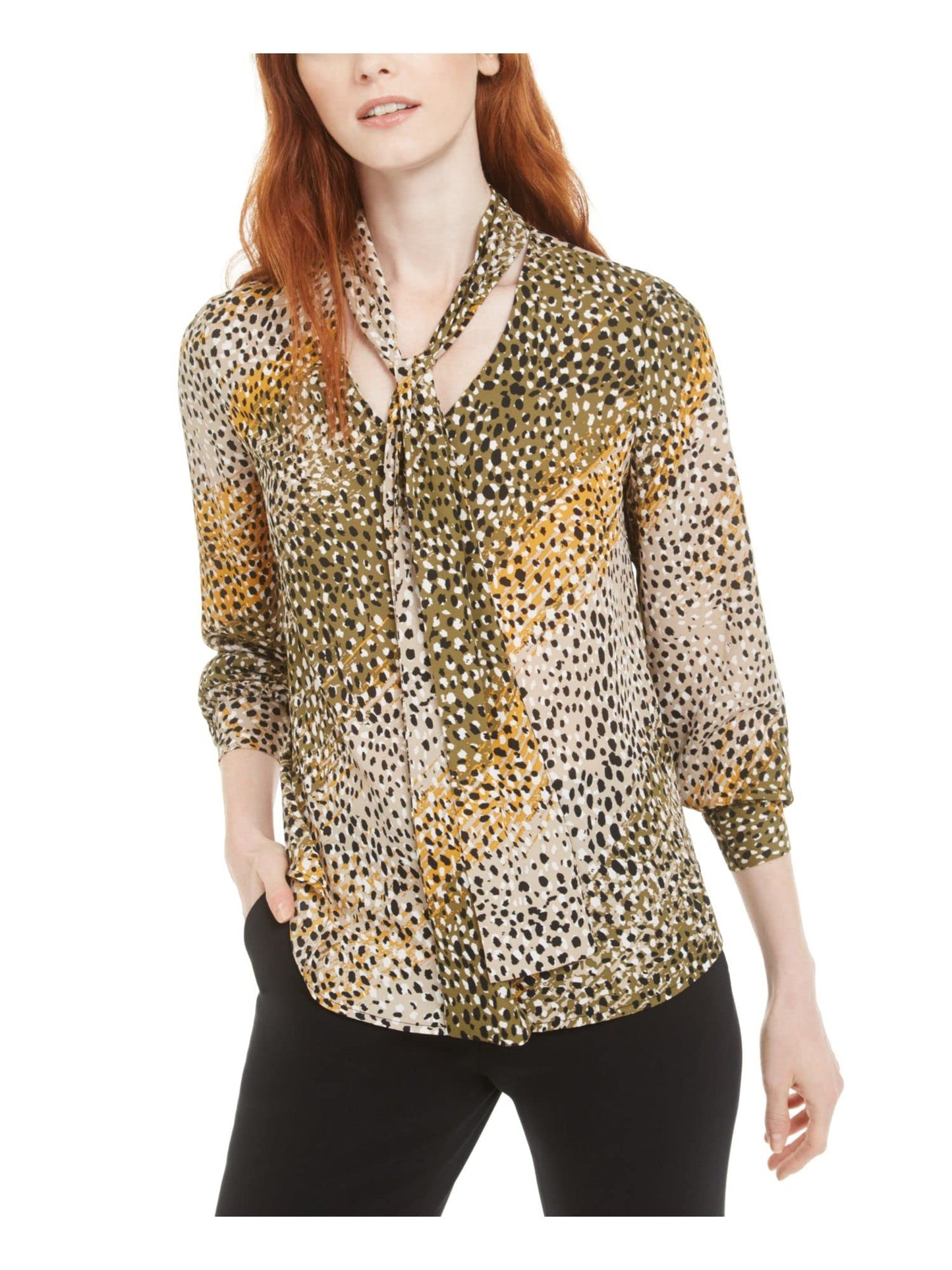 bar III Women's Printed Tie-Neck Top Dark Green Size Extra Small