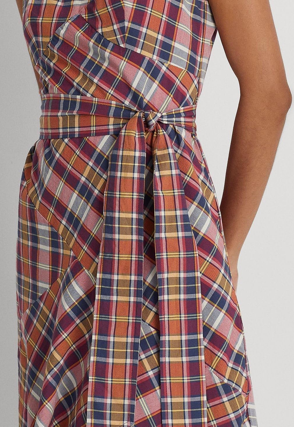 Lauren Ralph Lauren Women’s Belted Cotton Madras Sleeveless Dress Burgundy/Navy Multi 14