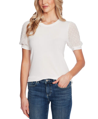 CeCe Sportswear Women's Puff Sleeve Mix Media Knit TOP, Soft Ecru, SM