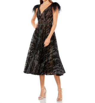 Mac Duggal - Vestido formal midi com manga curta e penas