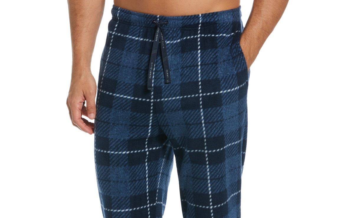 Calça de pijama masculina Perry Ellis Portfolio Windowpane xadrez texturizada de lã azul tamanho extragrande